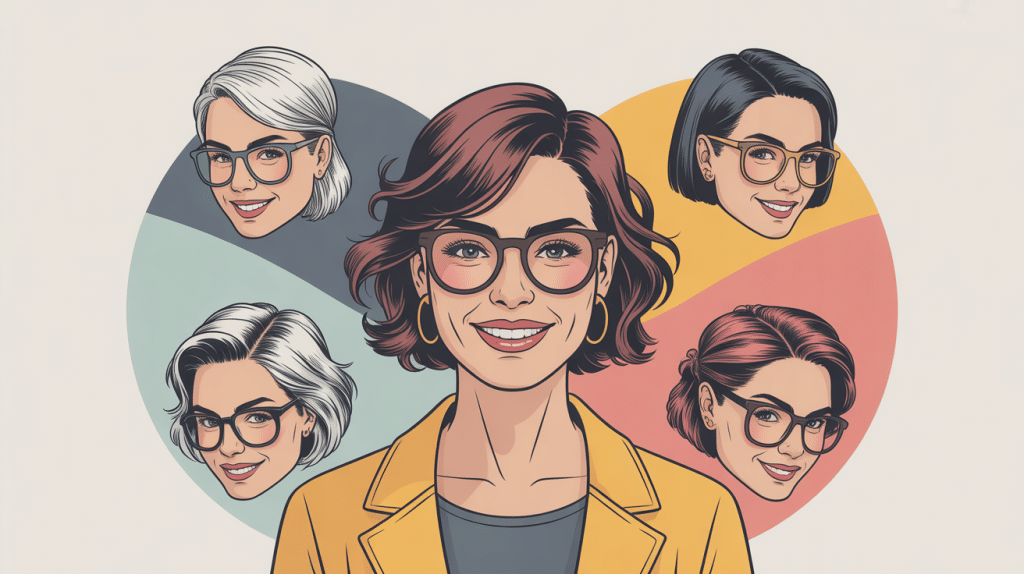 coupe de cheveux femme 50 ans avec lunettes illustration stylisée