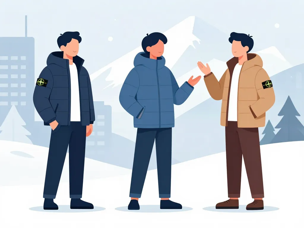 personnages choisissant une doudoune stone island en ville ou montagne