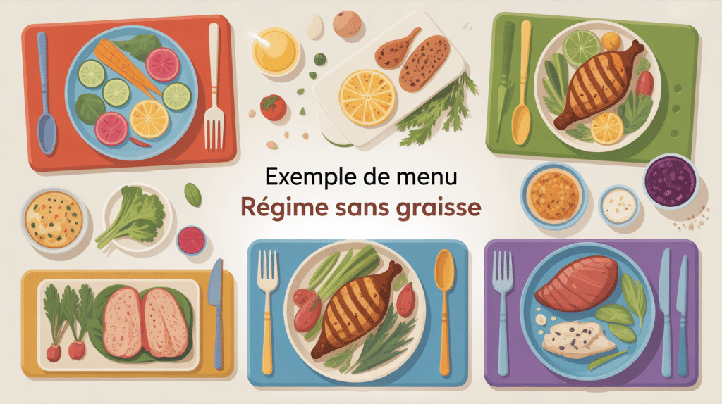 exemple menu regime sans graisse assiettes colorées petit-déjeuner déjeuner dîner