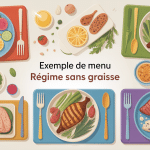 exemple menu regime sans graisse assiettes colorées petit-déjeuner déjeuner dîner