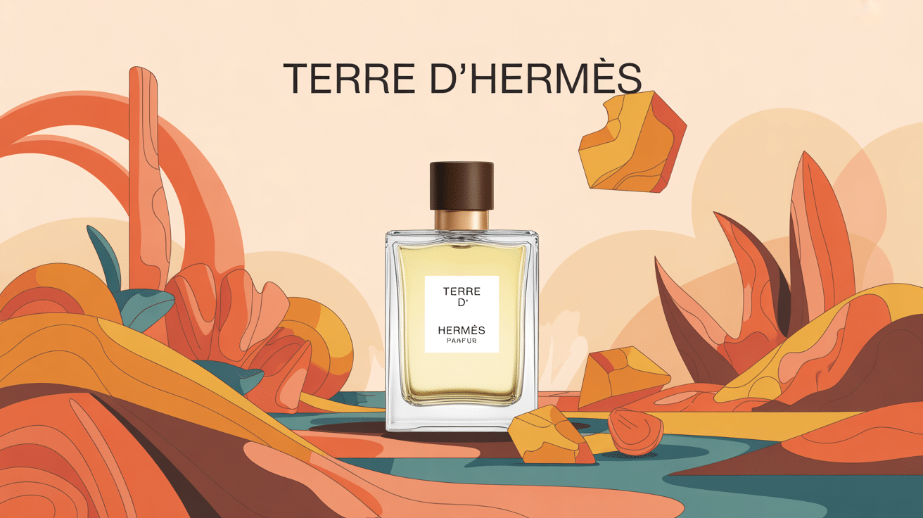 Univers visuel fragrance Terre d'Hermès flacon et nature