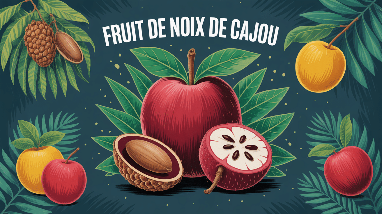 fruit de noix de cajou avec pomme et noix sur fond tropical