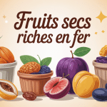 Illustration de fruits secs riches en fer dans des petits bols