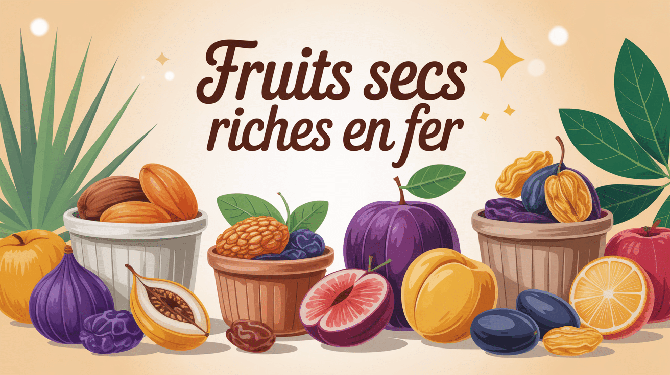 Illustration de fruits secs riches en fer dans des petits bols