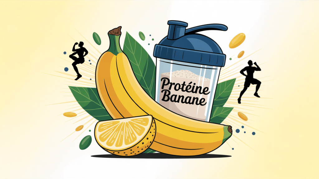 Illustration protein banane avec sportifs et ingrédients naturels