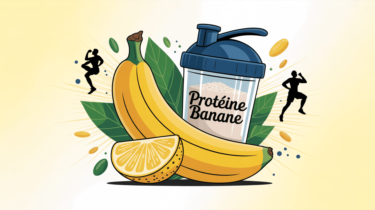 Illustration protein banane avec sportifs et ingrédients naturels