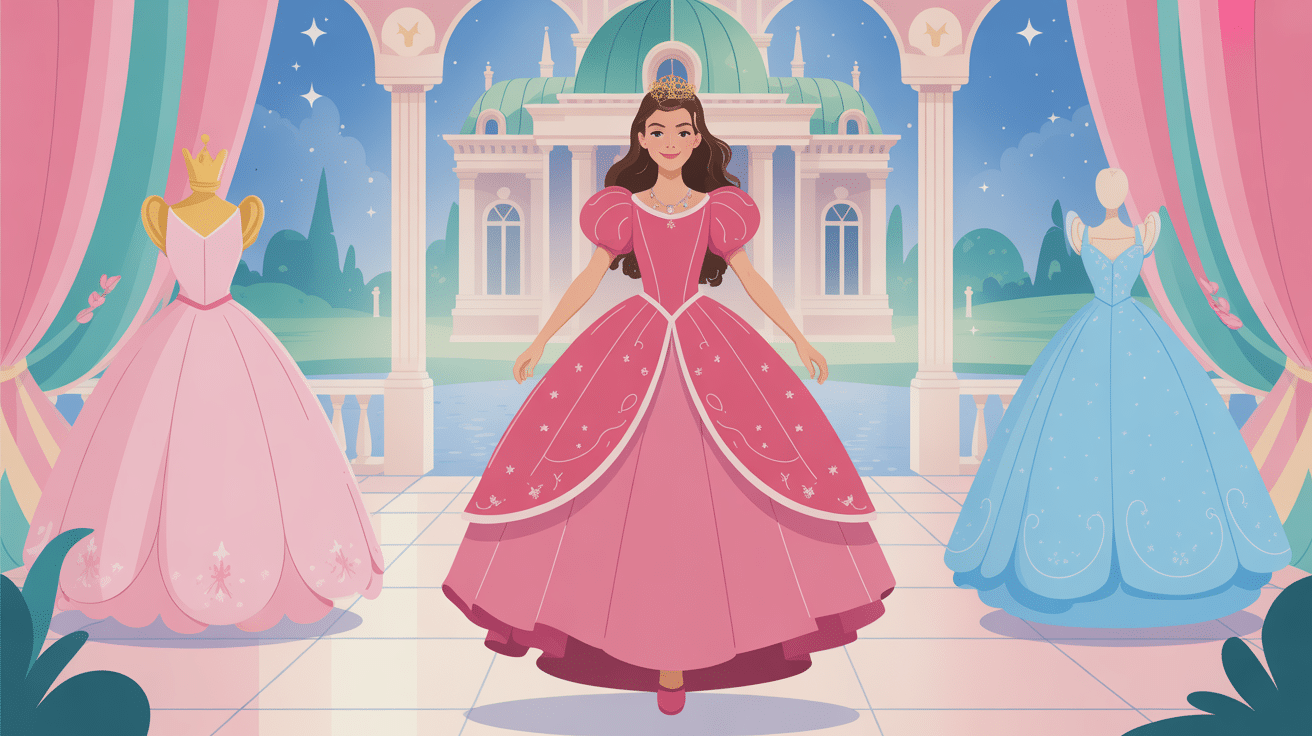 robe de princesse élégante devant palais féerique