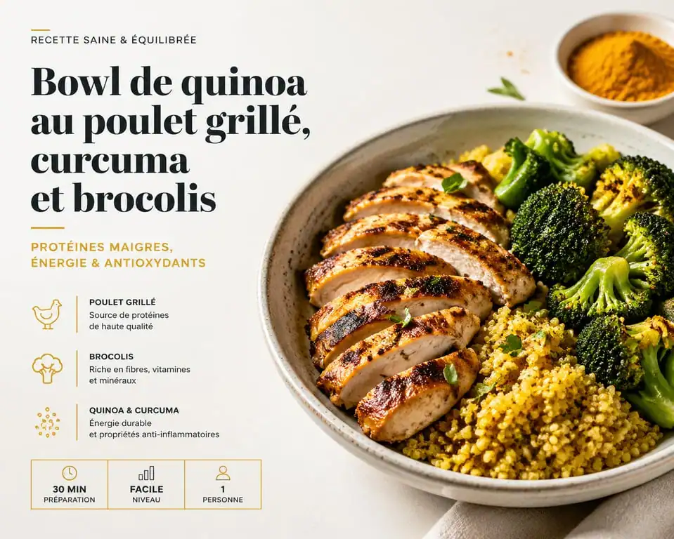 Bowl de quinoa au poulet grillé et curcuma, un repas sain parmi les aliments brûle-graisse