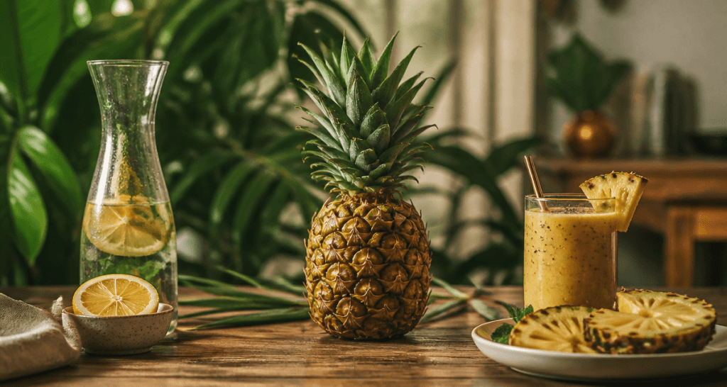 10 bienfaits de l ananas sur table avec boisson et tranches