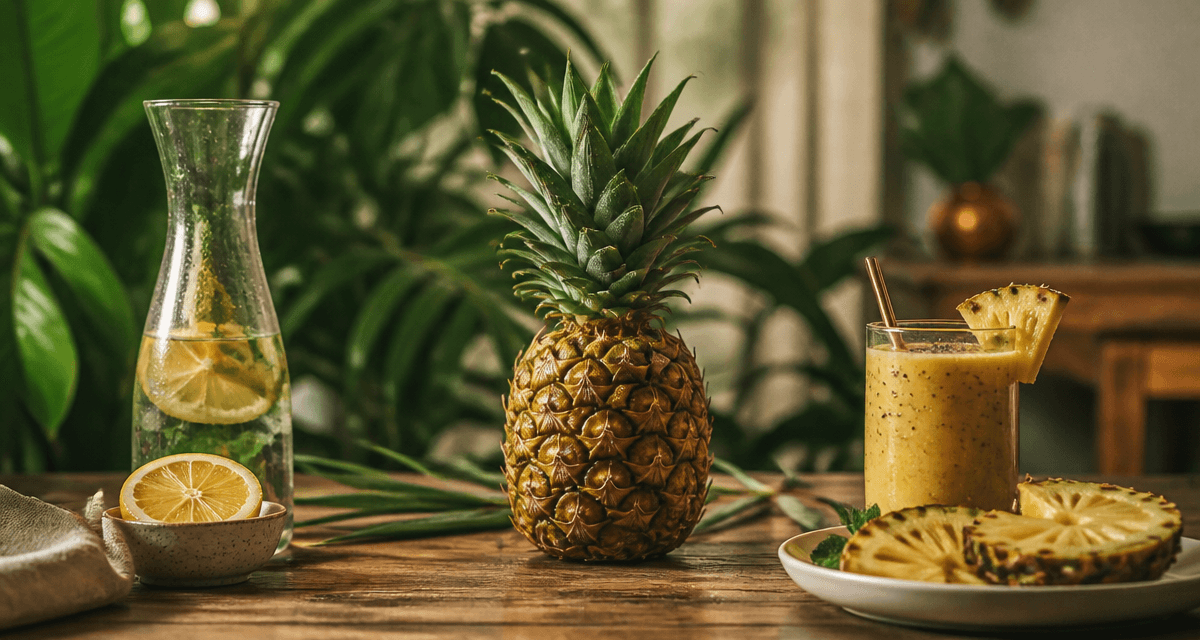 10 bienfaits de l ananas sur table avec boisson et tranches