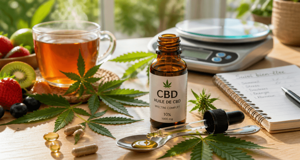 cbd pour maigrir sur table avec huile et fruits