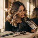 comment faire un balayage cheveux mi-longs devant miroir
