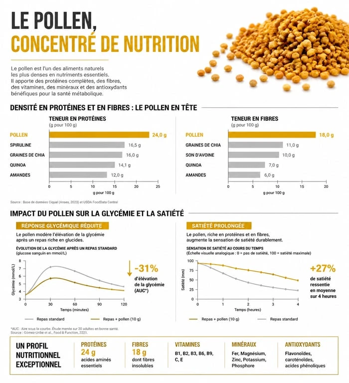 Infographie sur les bienfaits nutritionnels du pollen et son impact sur le poids