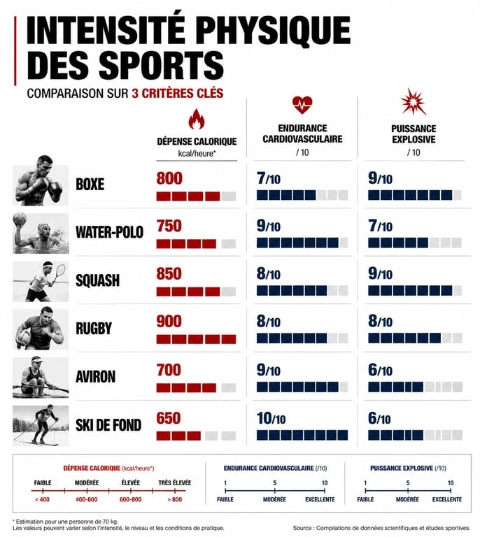 Infographie comparative des sports les plus physiques : analyse de la dépense calorique et de l'intensité cardiovasculaire.