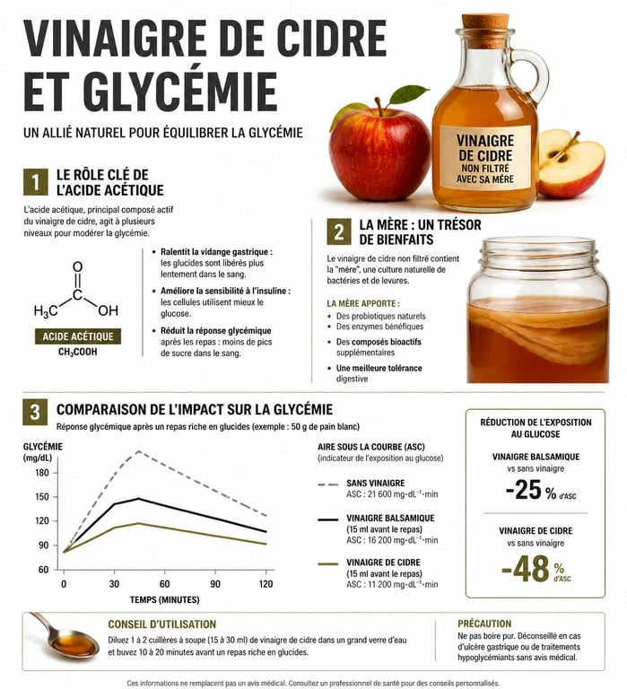 Infographie sur les bienfaits du meilleur vinaigre pour la santé et comparaison des teneurs en sucre
