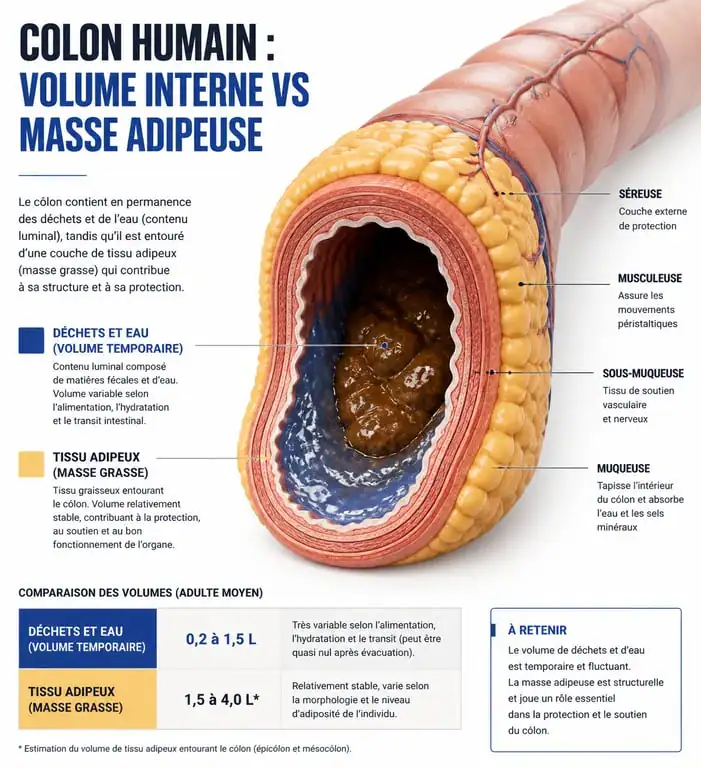 Infographie santé expliquant la différence entre perte de poids par nettoyage du côlon et perte de masse grasse