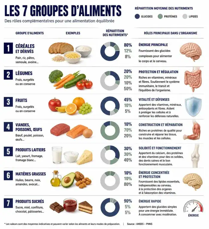 Infographie des 7 groupes d'aliments pour une alimentation équilibrée