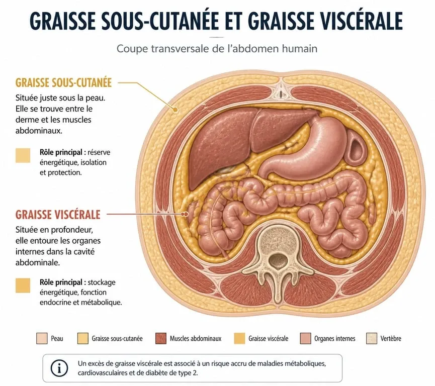 Schéma anatomique comparatif entre la graisse sous-cutanée et la graisse viscérale