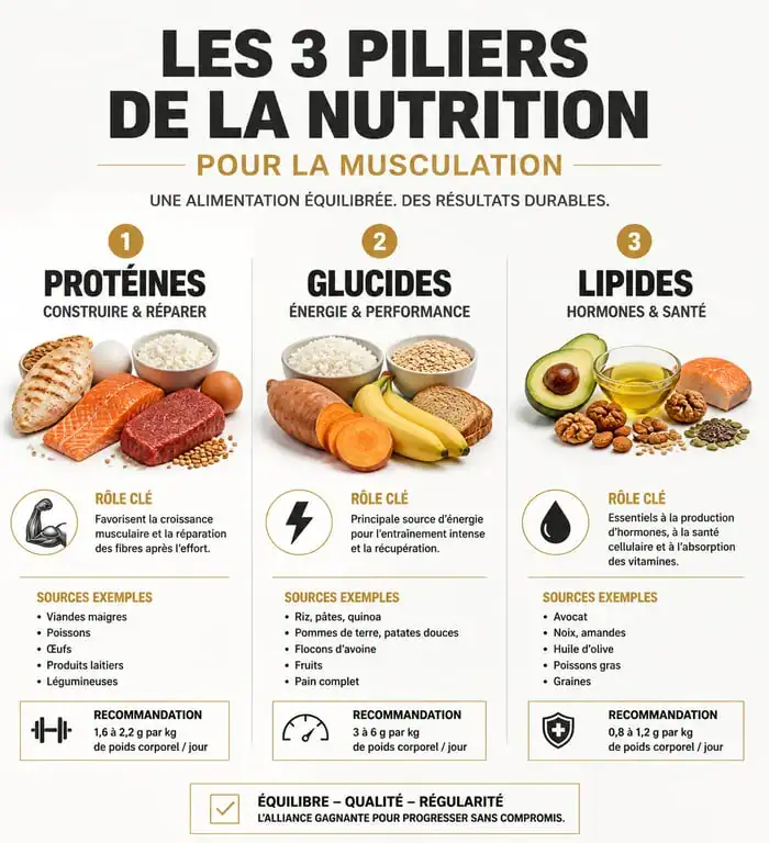 Infographie nutrition musculation : répartition des macronutriments pour la croissance musculaire