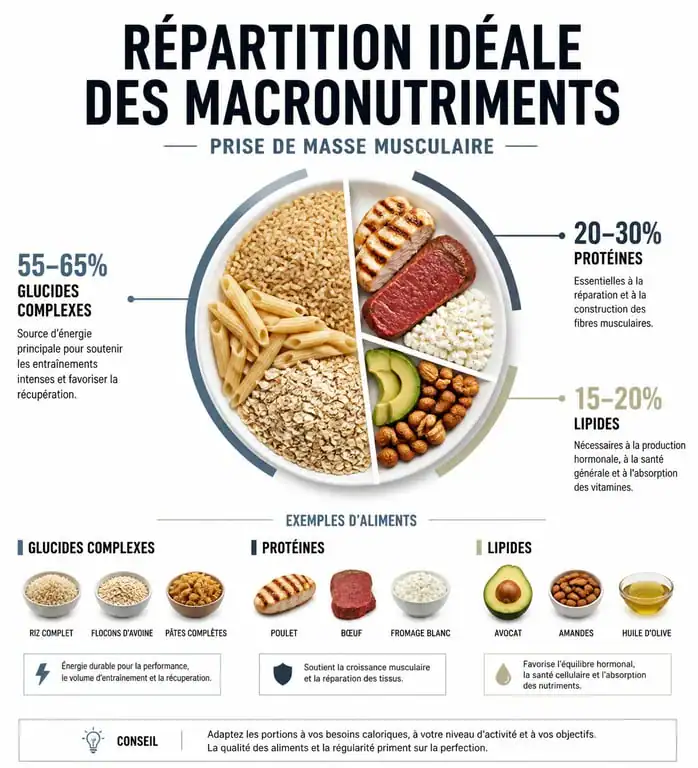 Infographie de la répartition des macronutriments pour une prise de masse musculaire efficace