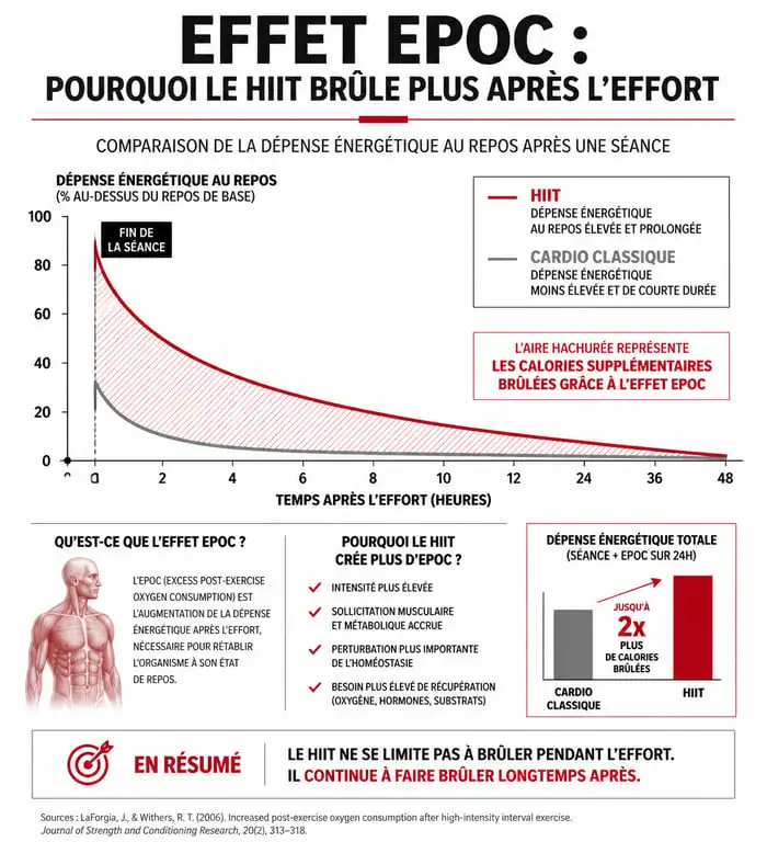 Graphique comparatif de la dépense calorique post-exercice : HIIT vs cardio classique pour la perte de poids