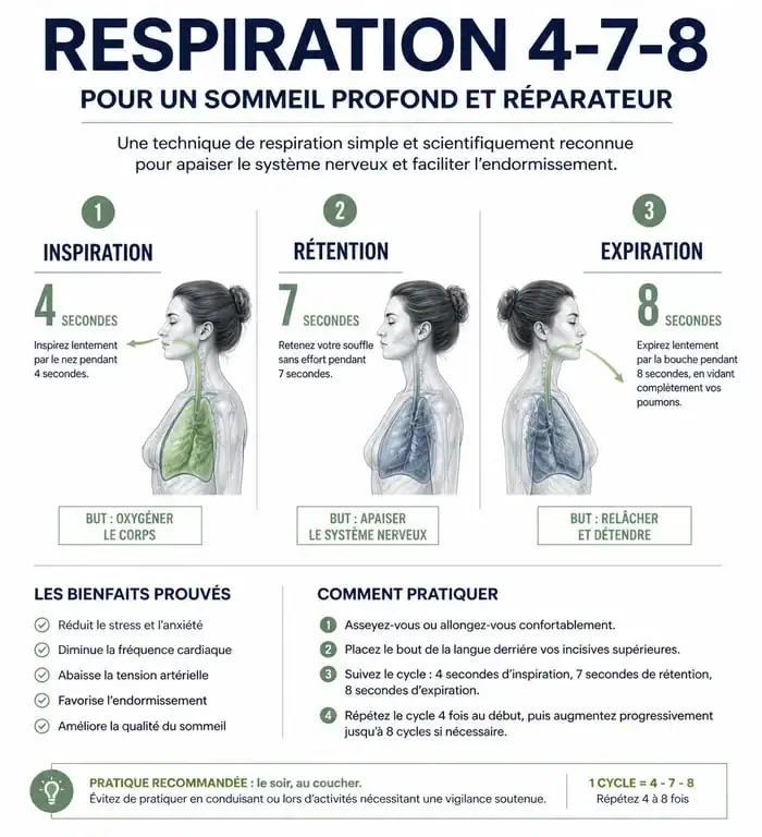 Infographie expliquant la technique de respiration 4-7-8 pour trouver le sommeil rapidement