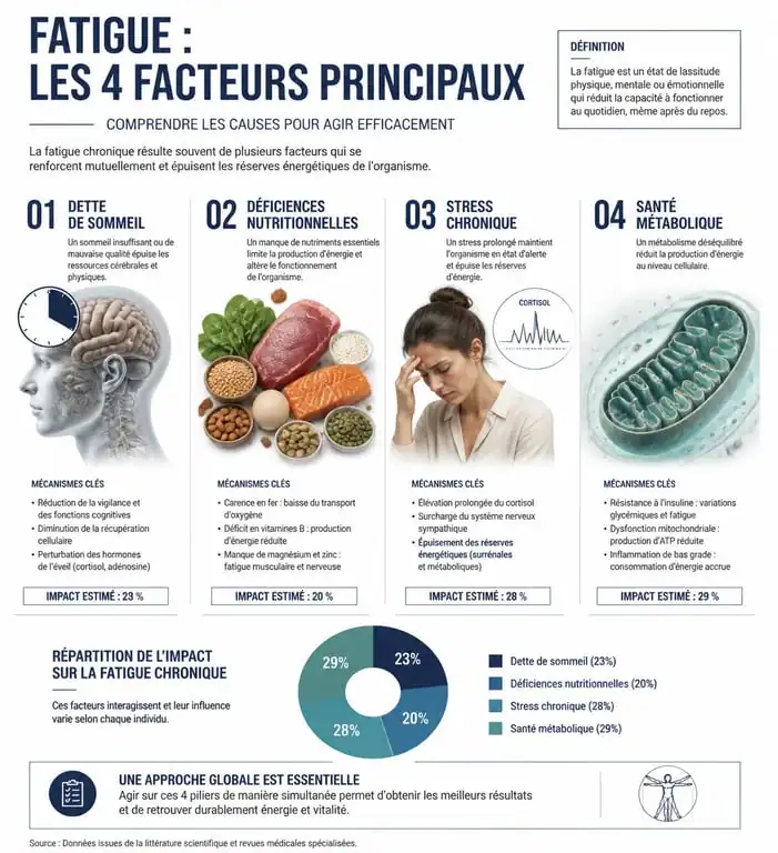 Infographie des causes principales du manque d'énergie et de la fatigue chronique