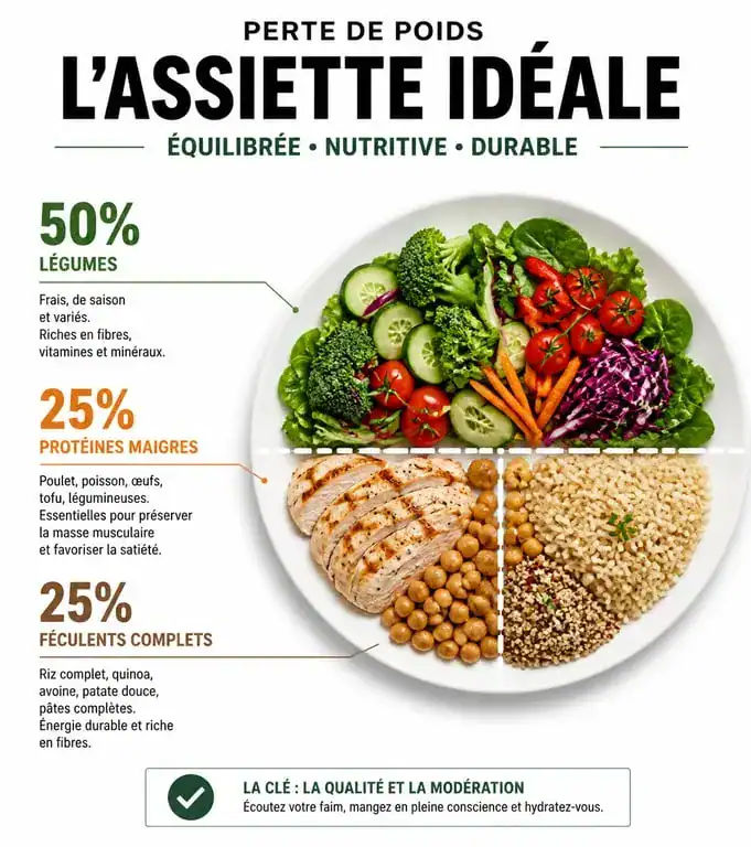 Répartition visuelle d'une assiette équilibrée pour un plan alimentaire de perte de poids
