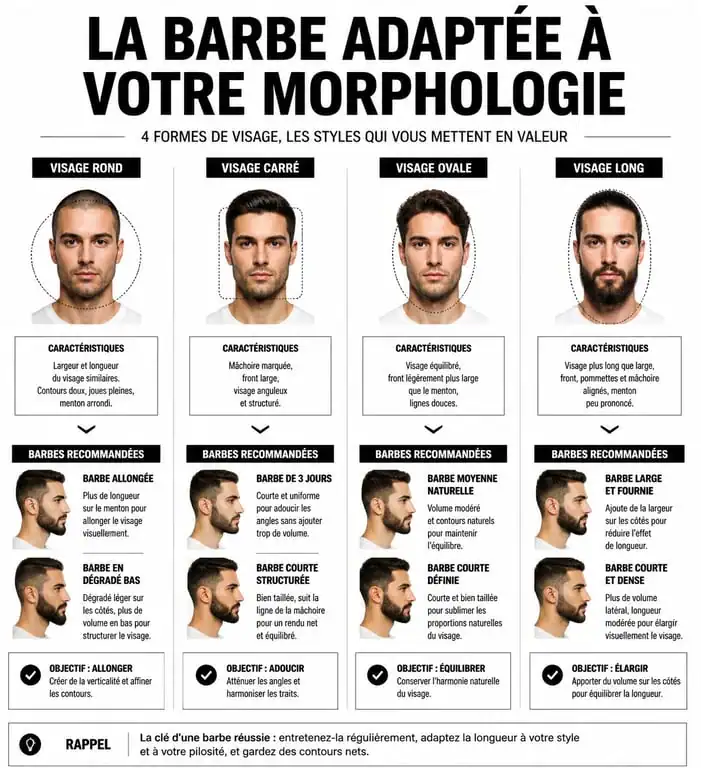 Infographie des styles de barbe homme selon la forme du visage