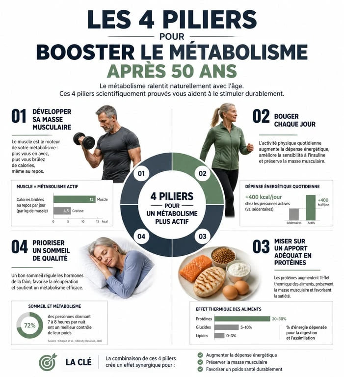 Infographie des piliers pour augmenter son métabolisme après 50 ans