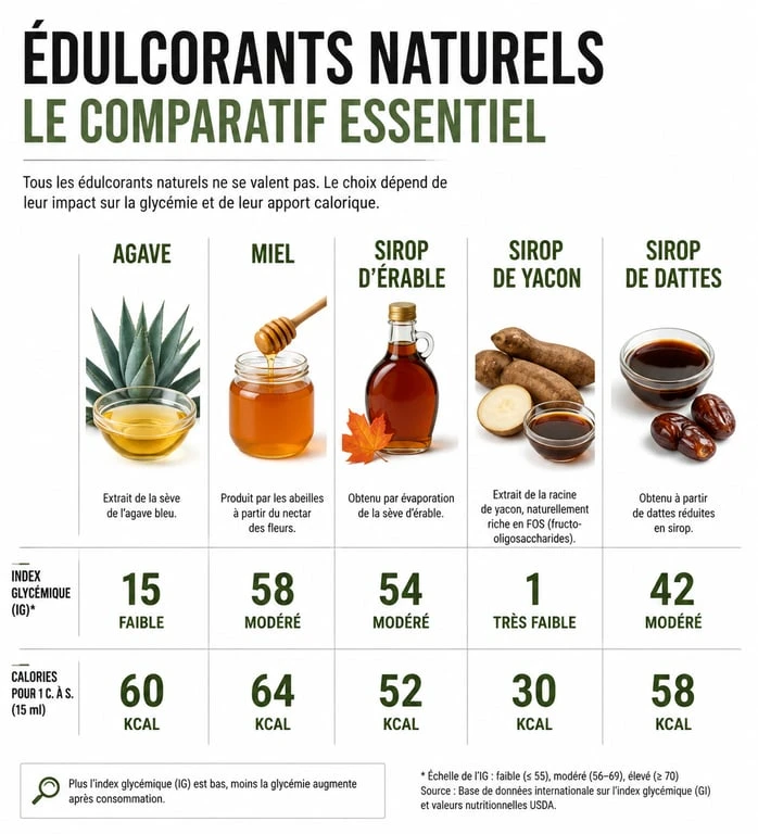 Infographie comparative des substituts au sirop d'agave : indice glycémique et calories
