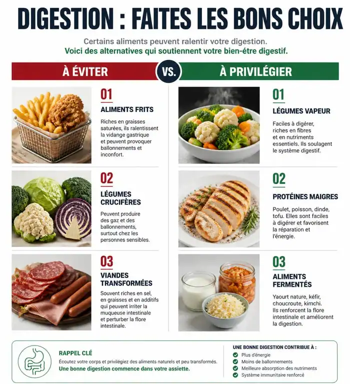 Infographie comparative des aliments à éviter et alternatives pour une meilleure digestion