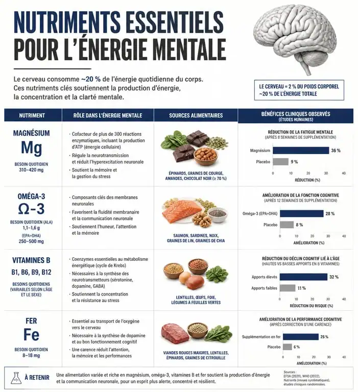 Infographie des nutriments essentiels pour retrouver de l'énergie mentale