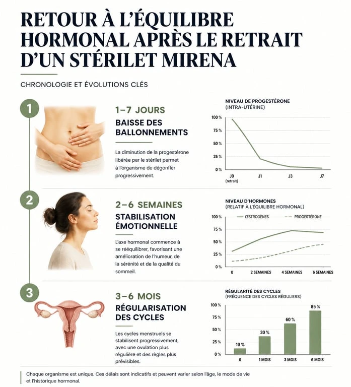 Infographie illustrant la chronologie de la perte de poids et des changements physiques après le retrait du stérilet Mirena
