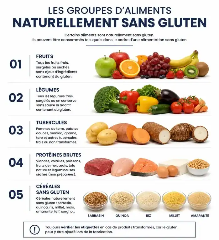 Infographie des aliments sans gluten autorisés pour une alimentation saine