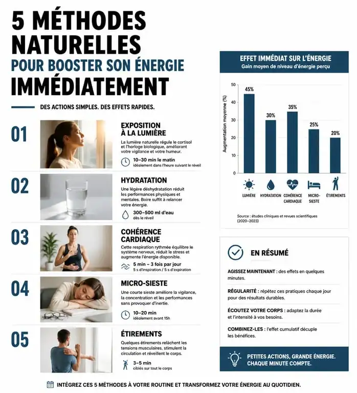 Infographie des méthodes pour avoir de l'énergie rapidement et lutter contre la fatigue