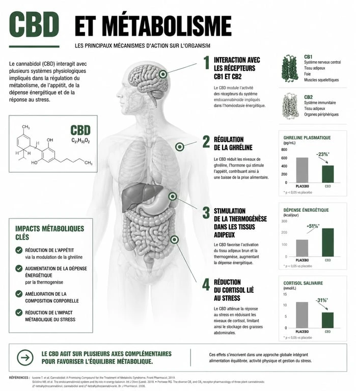 Infographie expliquant les mécanismes d'action du CBD pour maigrir et la perte de poids naturelle
