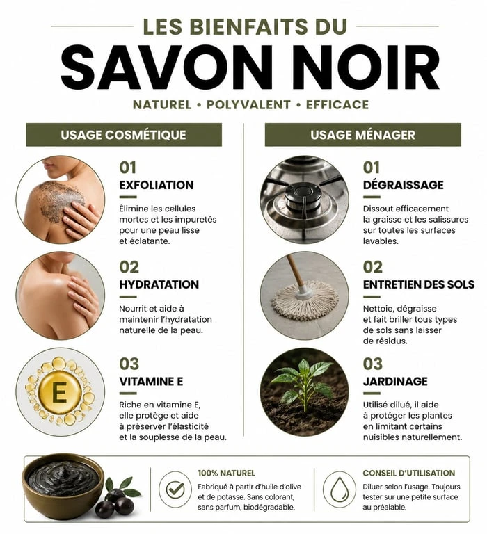 Infographie des bienfaits du savon noir pour la peau et la maison