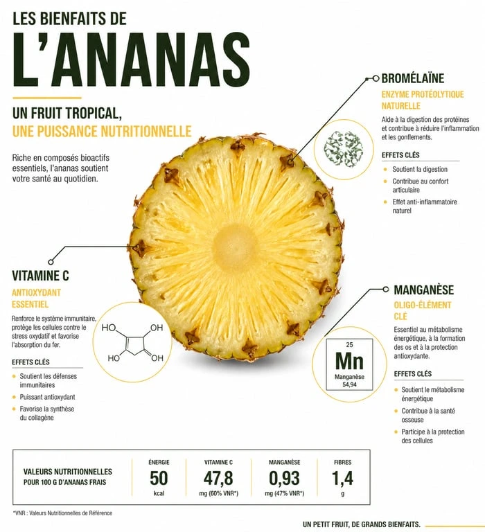 Infographie des 10 bienfaits de l'ananas pour la santé et ses apports nutritionnels