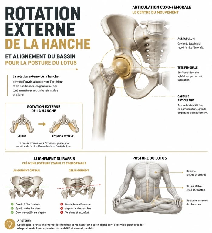 Anatomie de la hanche et alignement pour la posture Padmasana