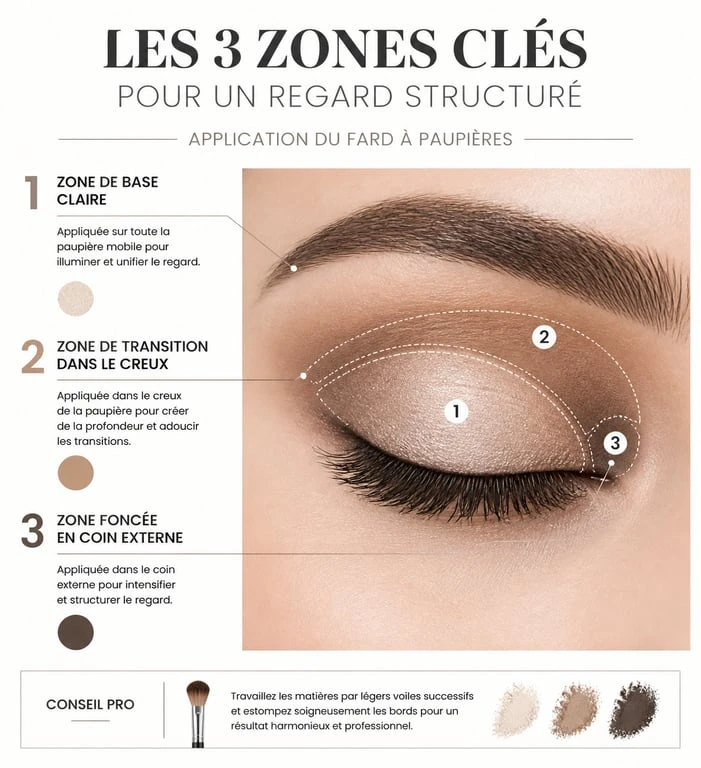 Schéma illustrant comment mettre du fard à paupières avec la technique des trois couleurs pour un regard sculpté.