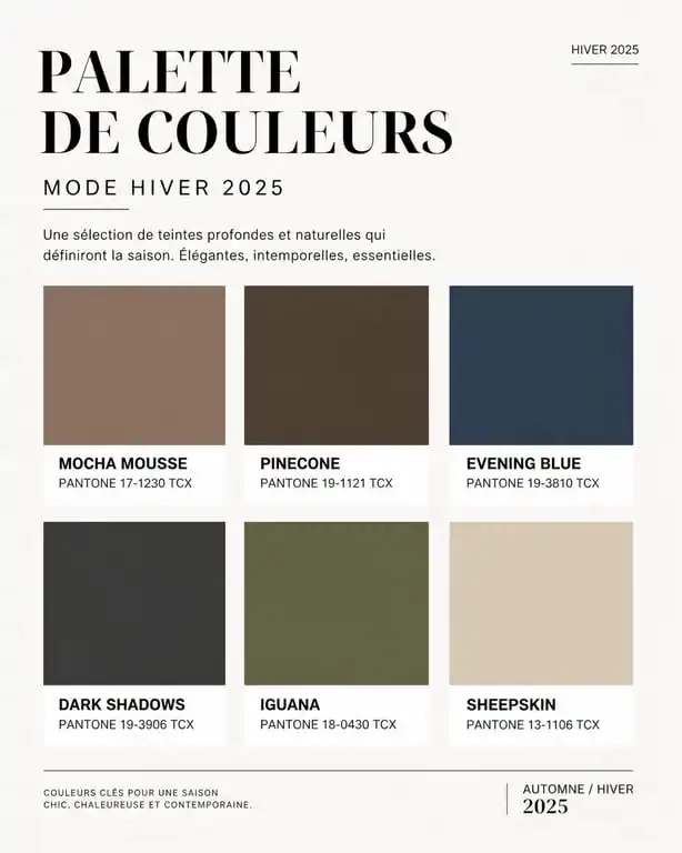 Palette des couleurs mode hiver 2025 avec codes Pantone et associations recommandées