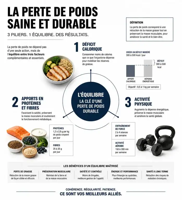 Infographie sur les piliers d'une perte de poids saine et durable pour maigrir vite et bien