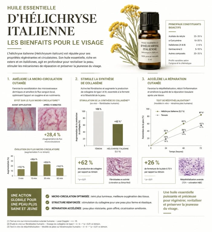Infographie des bienfaits de l'huile essentielle d'hélichryse pour le visage