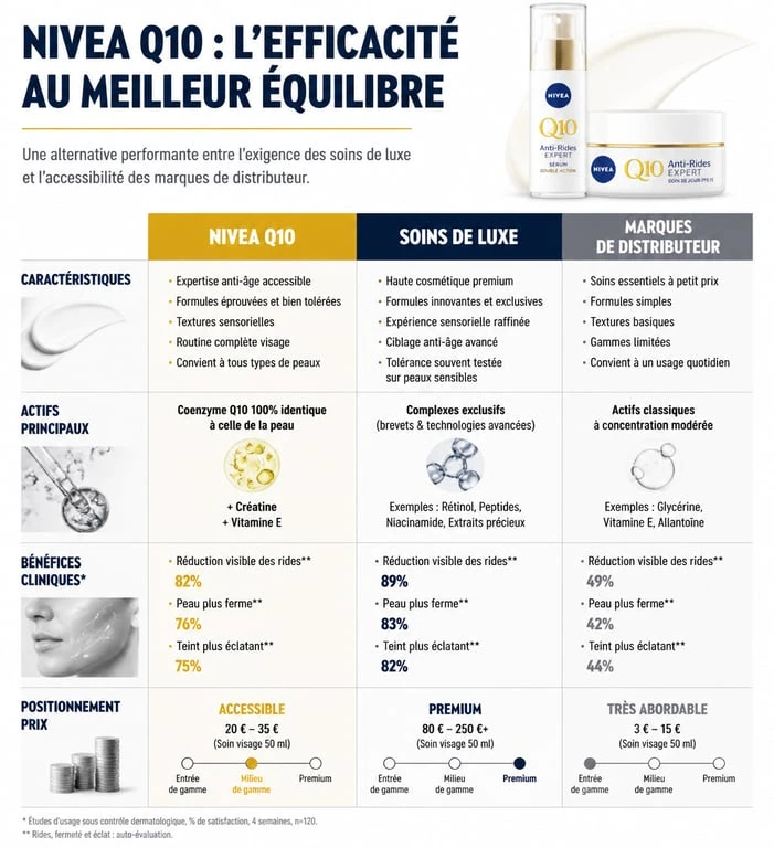 Comparatif des crèmes anti-rides Nivea Q10, soins de luxe et marques de distributeur selon l'avis des dermatologues