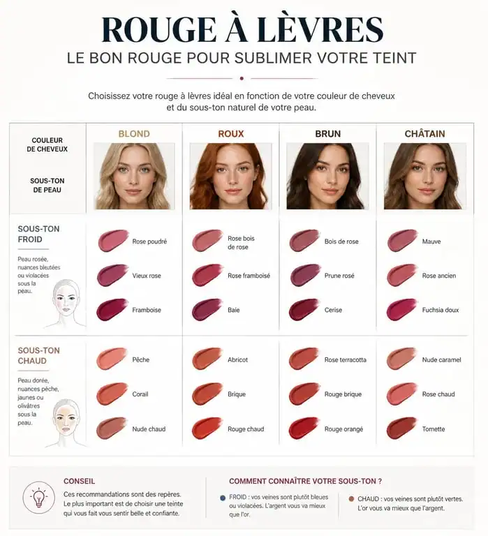 Infographie des teintes de rouge à lèvres adaptées aux peaux claires selon la couleur de cheveux et les sous-tons.