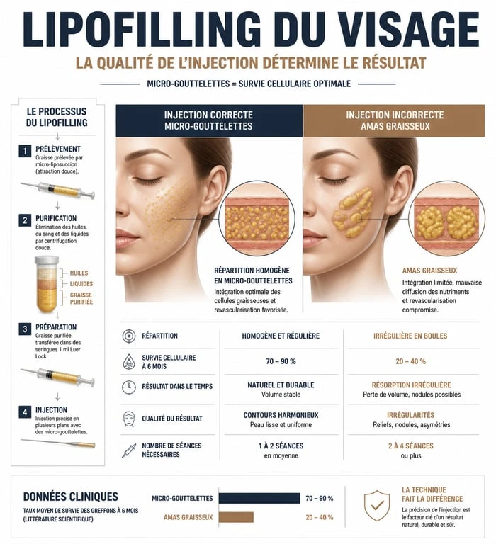 Schéma explicatif du processus de lipofilling visage raté : différence entre injection en micro-gouttelettes et amas graisseux