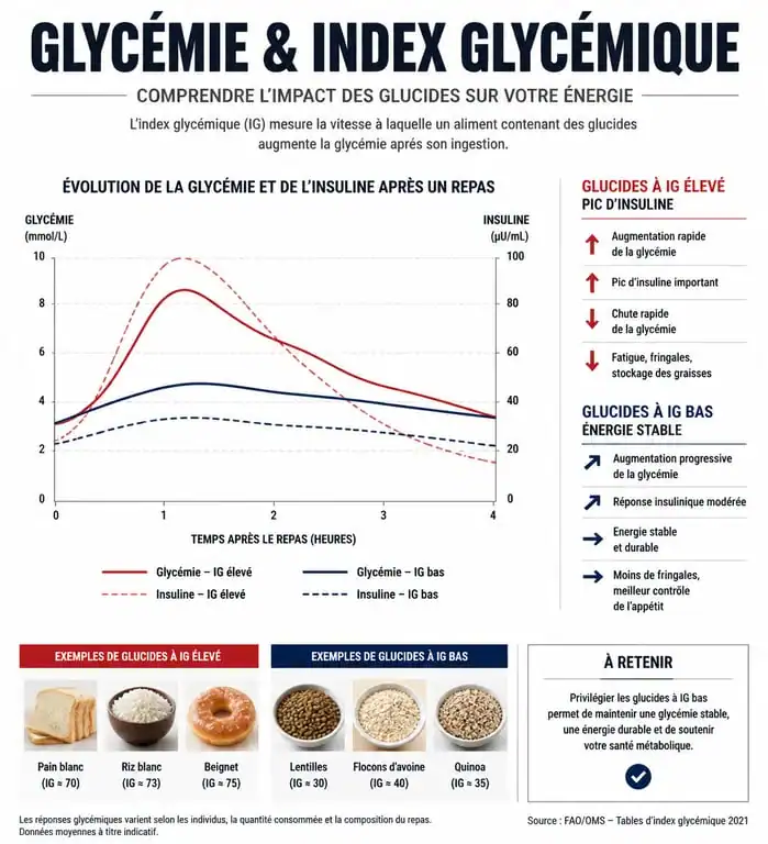 Infographie comparant l'impact des glucides à index glycémique élevé et bas sur la glycémie