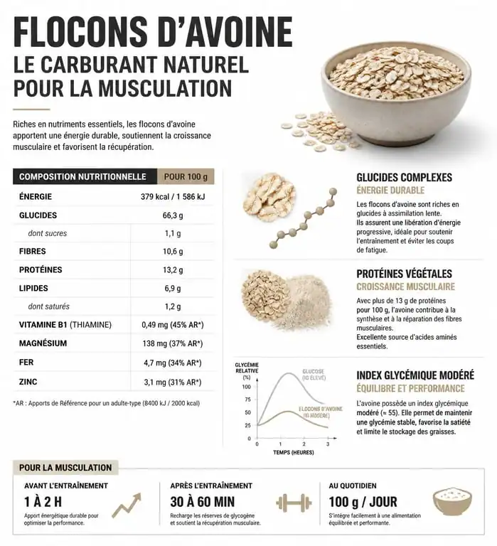 Infographie des bienfaits nutritionnels des flocons d'avoine pour la musculation et la prise de masse