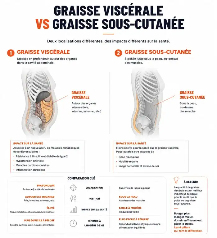 Infographie illustrant la différence entre graisse viscérale et sous-cutanée pour maigrir du ventre